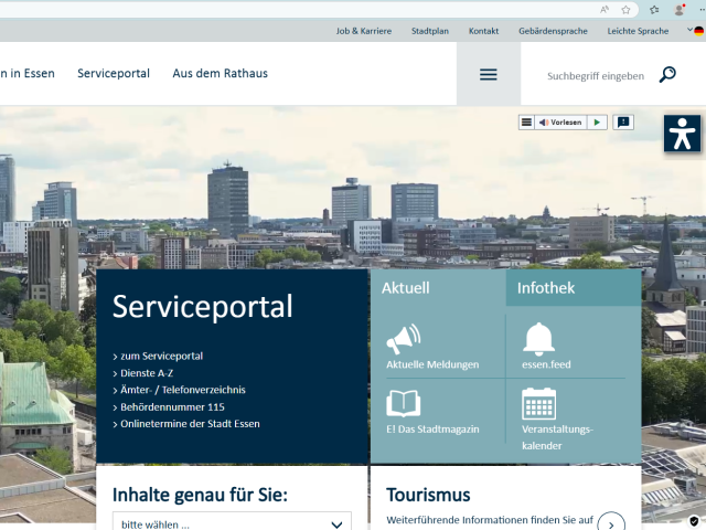 Screenshot: Webseite der Stadt Essen mit Funktionen der Barrierefreiheit