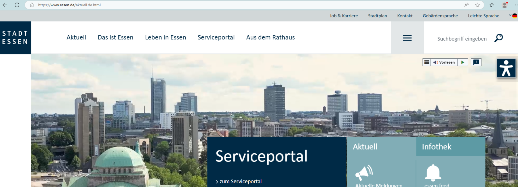 Screenshot: Webseite der Stadt Essen mit Funktionen der Barrierefreiheit