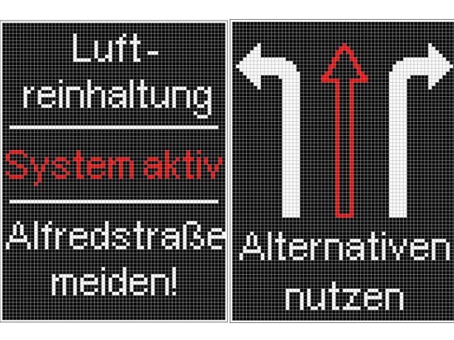 Grafik: Auf der linken Seite steht untereinander "Luftreinhaltung", "System aktiv" und "Alfredstraße meiden!". Auf der rechten Seite sind Pfeile gezeichnet mit der Aufschrift "Alternativen nutzen"