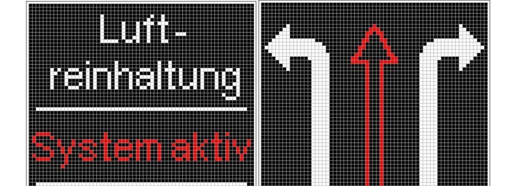 Grafik: Auf der linken Seite steht untereinander "Luftreinhaltung", "System aktiv" und "Alfredstraße meiden!". Auf der rechten Seite sind Pfeile gezeichnet mit der Aufschrift "Alternativen nutzen"