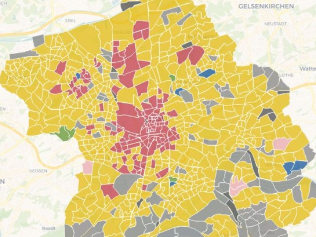 Grafik: Stadt Essen unterteilt in Waben, welche unterschiedlich gefärbt sind
