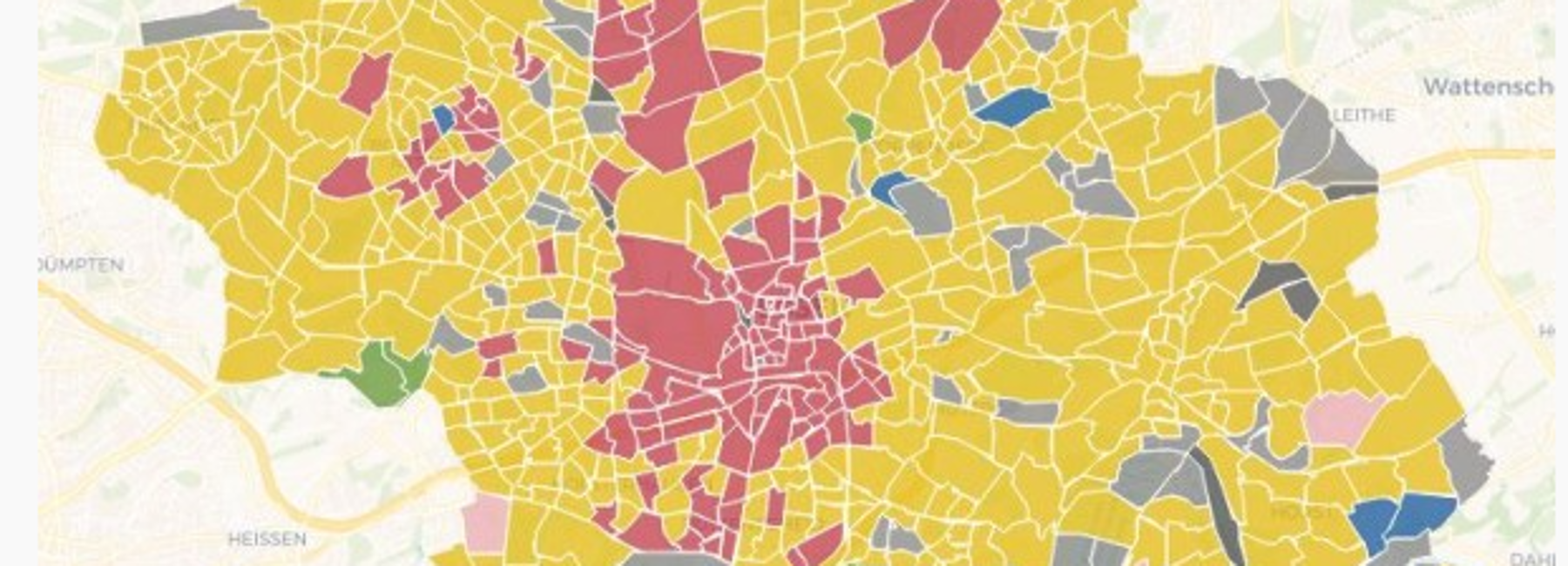 Grafik: Stadt Essen unterteilt in Waben, welche unterschiedlich gefärbt sind