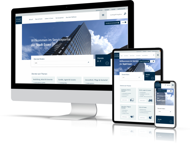 Grafik: Mobitor, Tablet und ein Mobiltelefon welche das Serviceportal der Stadt Essen anzeigen