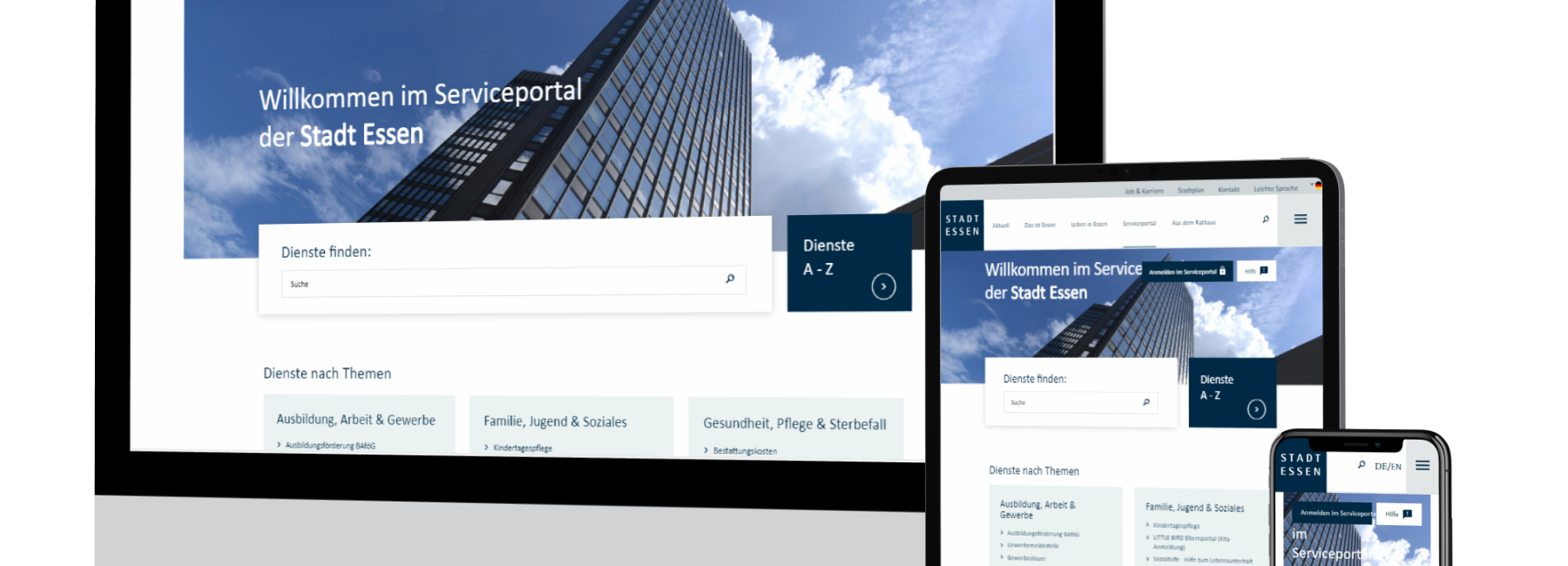 Grafik: Mobitor, Tablet und ein Mobiltelefon welche das Serviceportal der Stadt Essen anzeigen