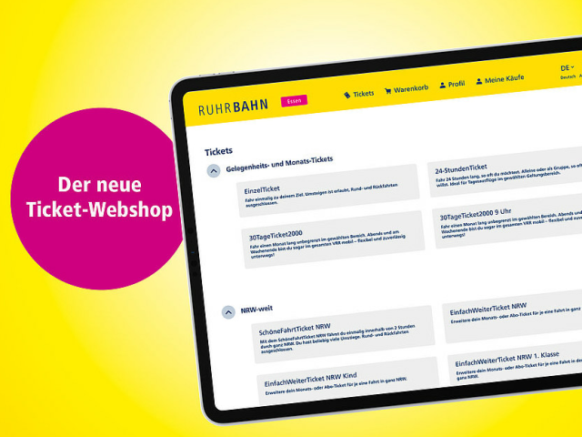 Grafik: Tablet mit aufgerufener Ruhrbahn Webseite, auffälliger Text "Der neue Ticket-Webshop"