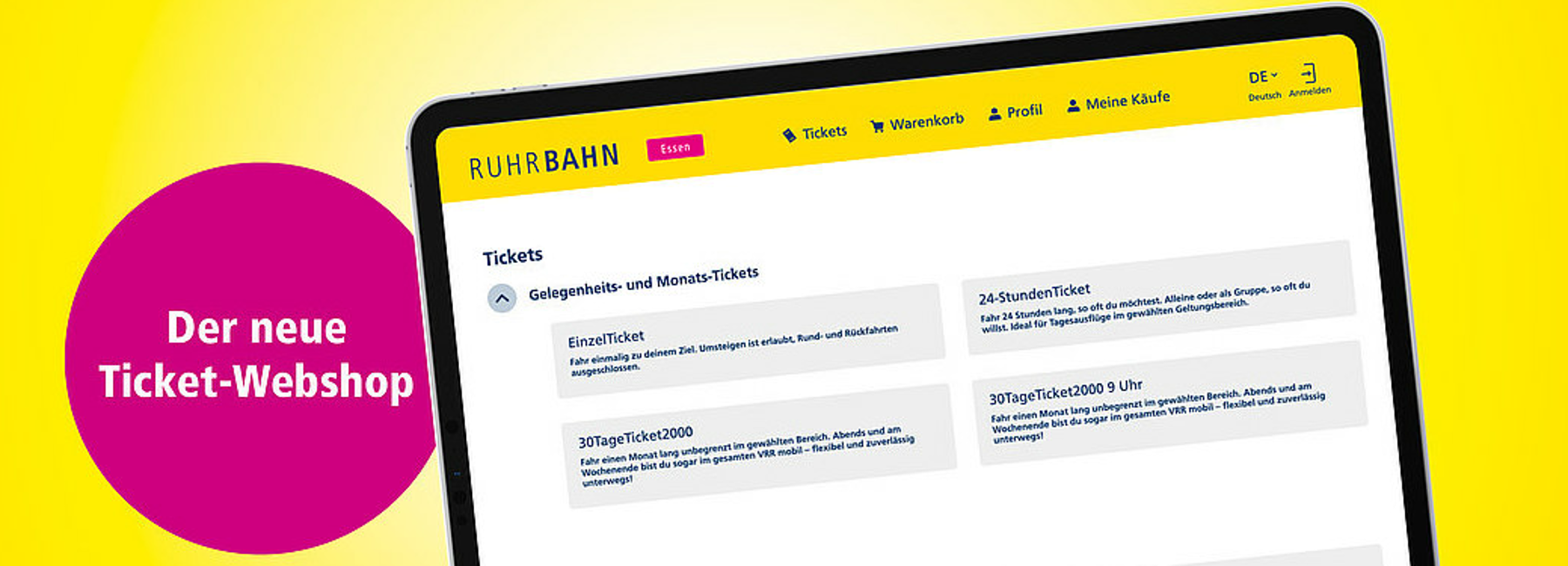 Grafik: Tablet mit aufgerufener Ruhrbahn Webseite, auffälliger Text "Der neue Ticket-Webshop"