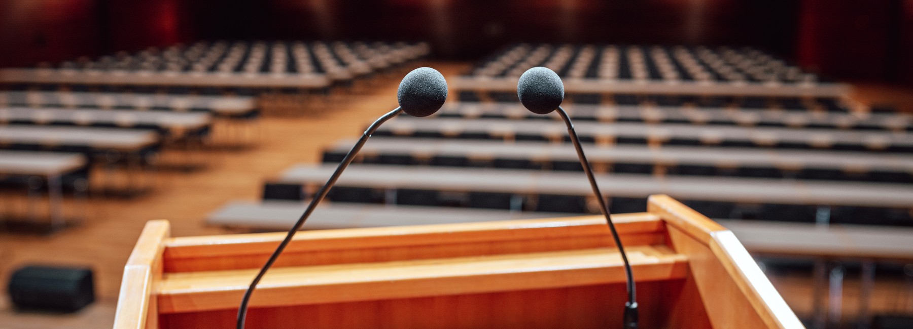 Foto: Ratssaal im Hintergrund eines Podiums mit Mikrofonen