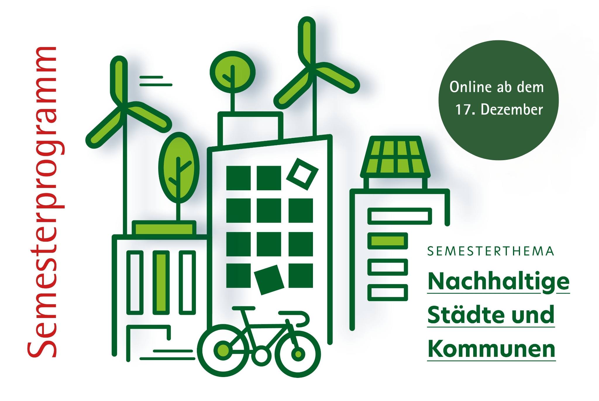 Illustration mit Windrädern, Solarzellen und Fahrrad zum VHS-Semesterthema „Nachhaltige Städte und Kommunen“.