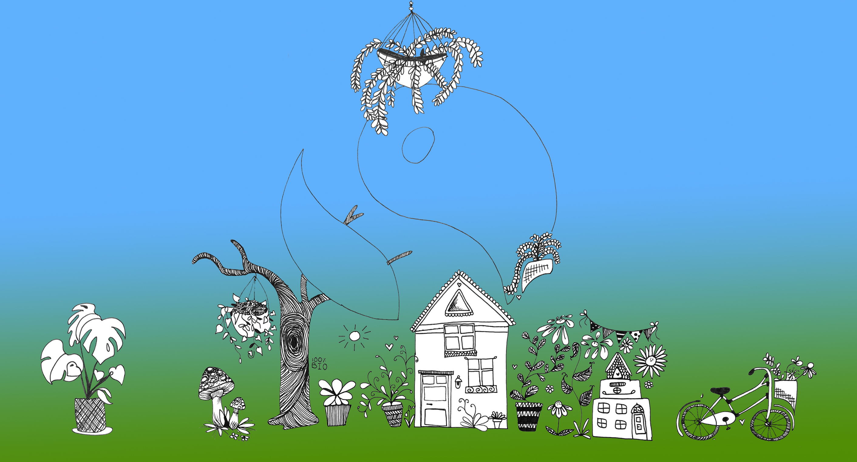 Vor einem verlaufenden blau-gr&uuml;nen Hintergrund stehen in schwarz-wei&szlig; gezeichnete H&auml;user, B&auml;ume und Blumen