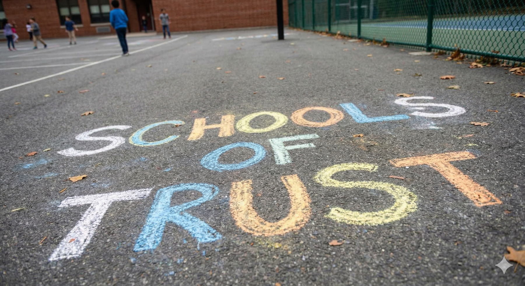 Auf einem Schulhof hat jemand mit bunter Kreise "Schools of Trust" geschrieben.