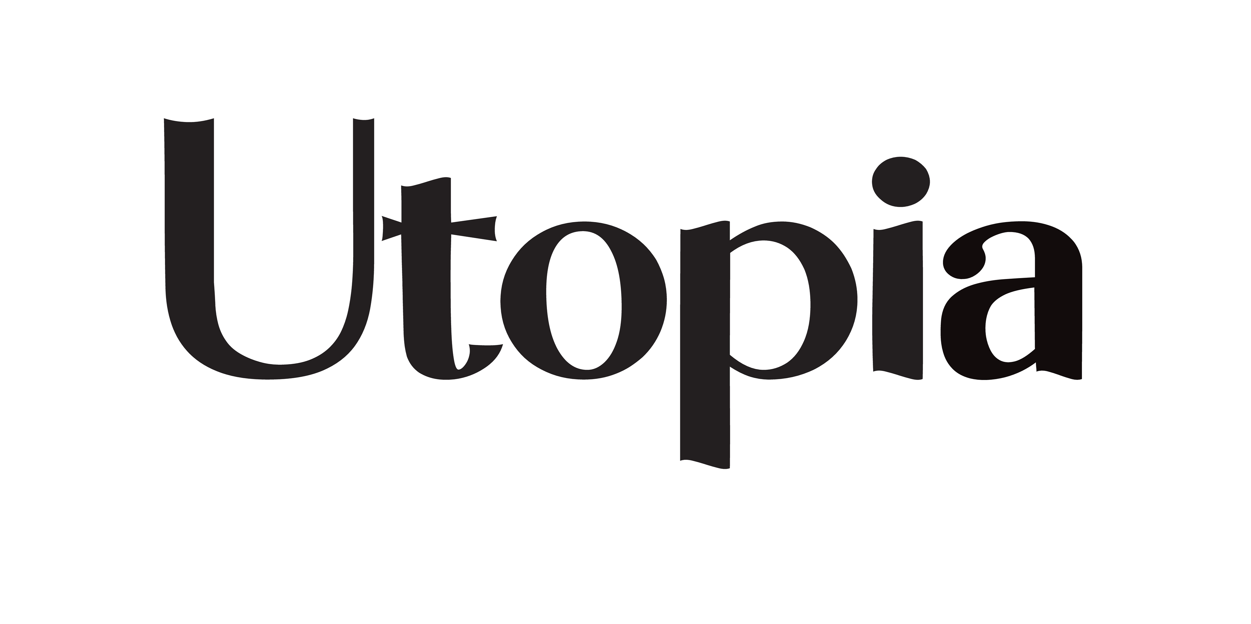 Schwarzer Schriftzug &bdquo;Utopia&ldquo; auf wei&szlig;em Hintergrund.