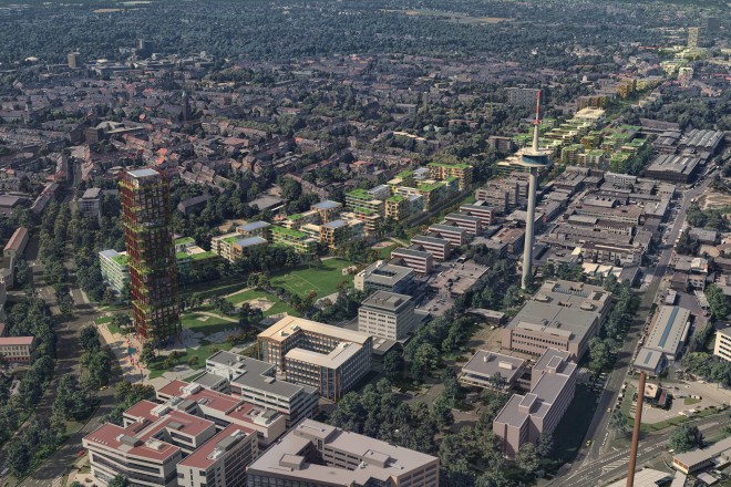 Schrägluftperspektive vom westlichen Auftakt in Richtung Essen Zentrum