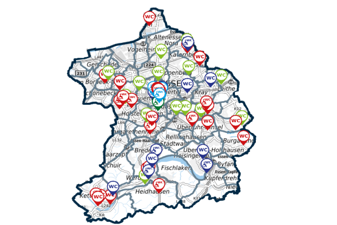 Stadtkarte mit den Standorten der öffentlichen Toiletten in Essen