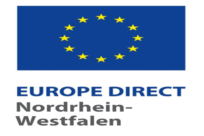 Logo: gelber Sternenkreis auf blauem Grund, Schriftzug Europe Direct Nordrhein-Westfalen