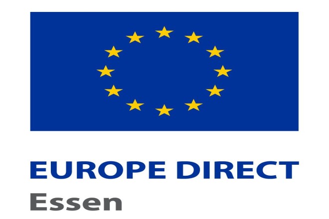 Logo: gelber Sternenkreis auf blauem Grund, Schriftzug Europe Direct Essen