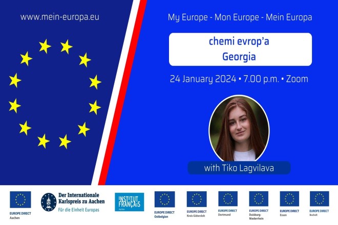 Das Bild ist ein Veranstaltungshinweis für die Reihe "My Europe". Abgebildet ist die georgische Studentin Tika Lagvilava.