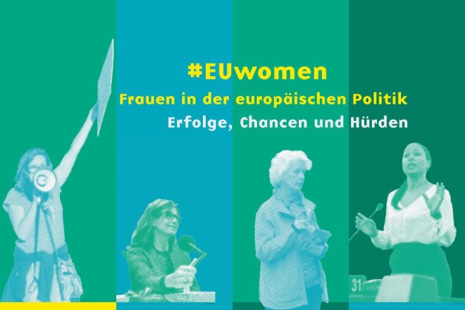 Das Bild weist auf die Ausstellung "#EUwomen" hin. Der Untertitel lautet "Frauen in der europäischen Politik. Erfolge, Chancen und Hürden". Zu sehen sind insgesamt vier Frauen als Relief.