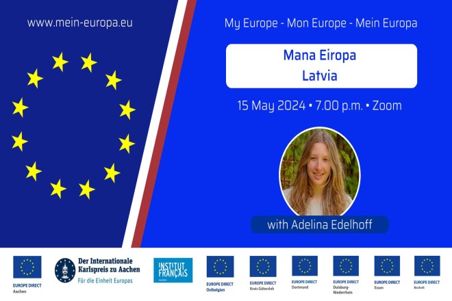 Das Bild lädt zur Veranstaltungsreihe "Mein Europa" mit Themenschwerpunkt Lettland ein. Abgebildet ist die Referntin Adelina Edelhoff.