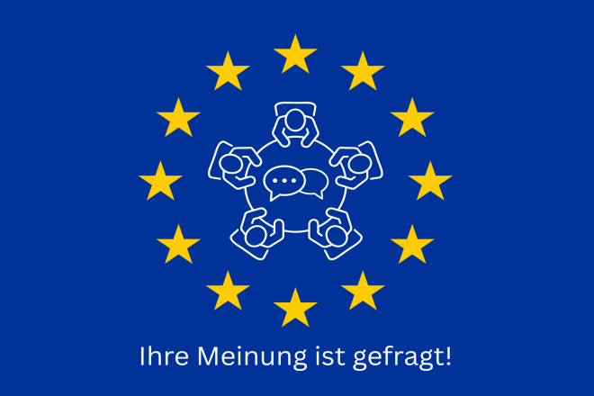 EU-Sternenkranz auf blauem Grund, in der Mitte ist ein Gespr&auml;chskreis abgebildet.