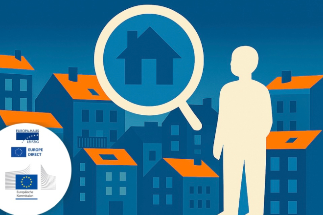 Illustration: Eine Person betrachtet mit einer Lupe mehrere H&auml;user, in der Lupe ist ein Haus-Symbol zu sehen.