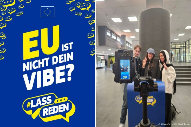 Drei Student:innen sprechen vor einer Kamera am Pult der #LassReden-Kampagne