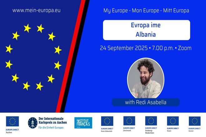 Das Bild weist auf die Veranstaltung "Mein Europa: Albanien" hin. Zu sehen ist ein EU Sternenkranz sowie ein Bild des Verwaltungs- und Sozialwissenschaftlers Redi Asabella.