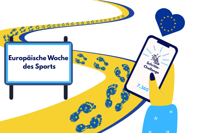 Das Bild zeigt eine Fahrspur mit Fußabdrucken sowie eine Hand, die ein Handy hält. Auf dem Display ist der Schriftzug Schrittechallenge zu sehen. Ebenfalls abgebildet ist ein Schild mit dem Schriftzug "Europäische Woche des Sports". 