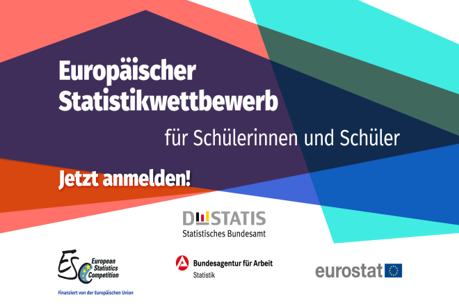 Die Grafik weist auf den Europäischen Statistikwettbewerb für Schülerinnen und Schüler hin. Abgebildet sind die Logos des Statistischen Bundesamts, der Bundesagentur für Arbeit, EUROSTAT und des Europäischen Statistikwettbewerbs.