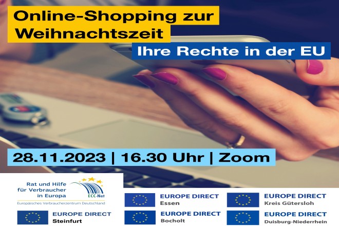 Veranstaltungseinladung mit dem Text: "Online-Shopping zur Weihnachtszeit. Ihre Rechte in der EU". Das Bild zeigt eine Hand, die ein Handy hält.