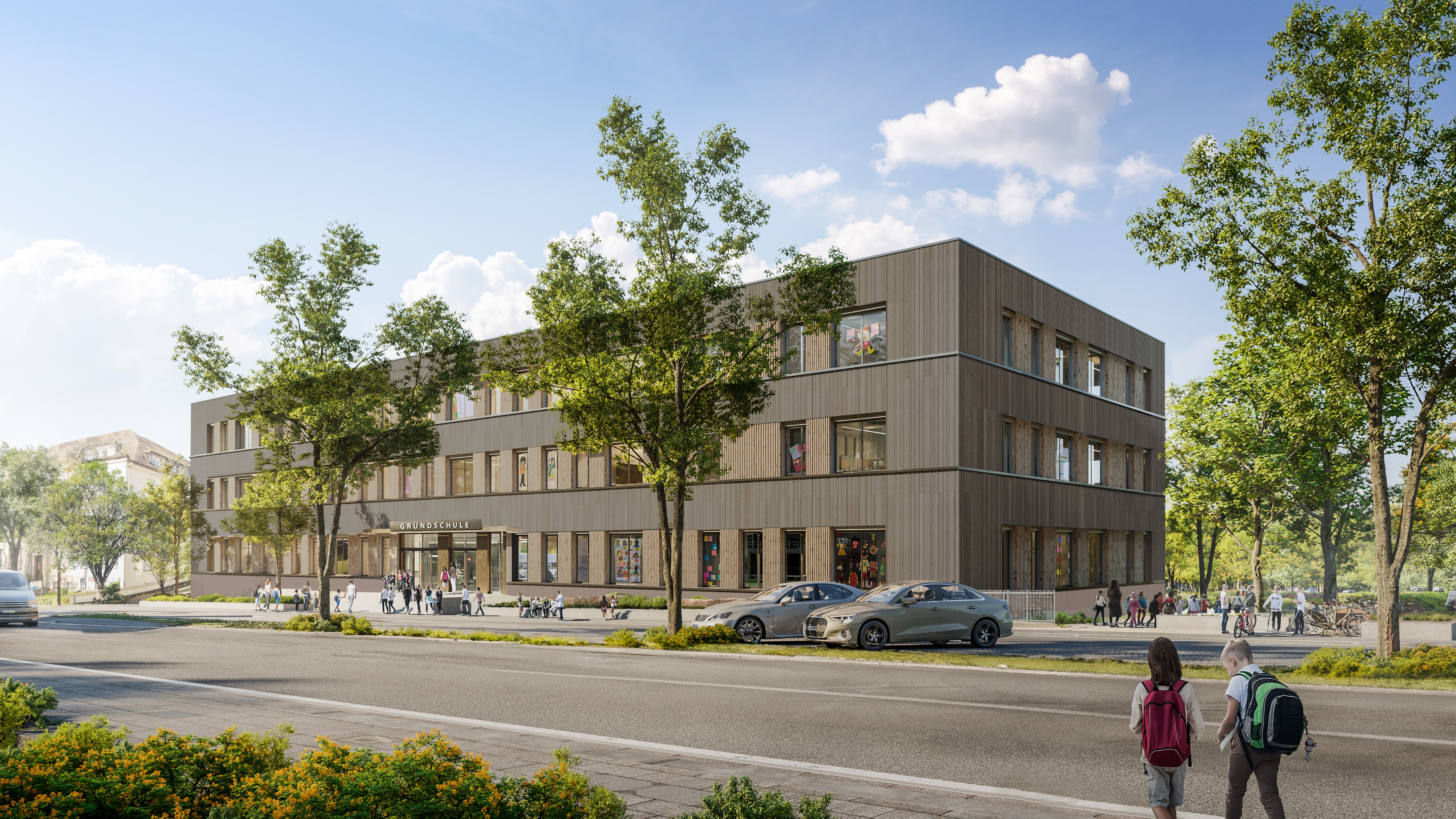 Rendering des Neubaus einer Grundschule 