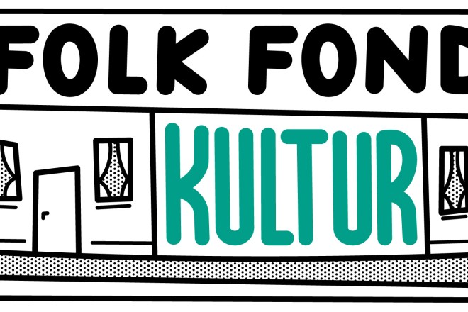 Zeichnung im Comic Style, zwischen zwei Häusern steht das Wort Kultur, darüber Folk Fonds