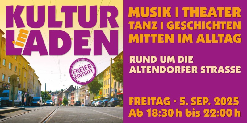Header von Kultur im Laden 2025 - Blick auf die Altendorfer Straße mit Häusern, Autos und Bahnschienen