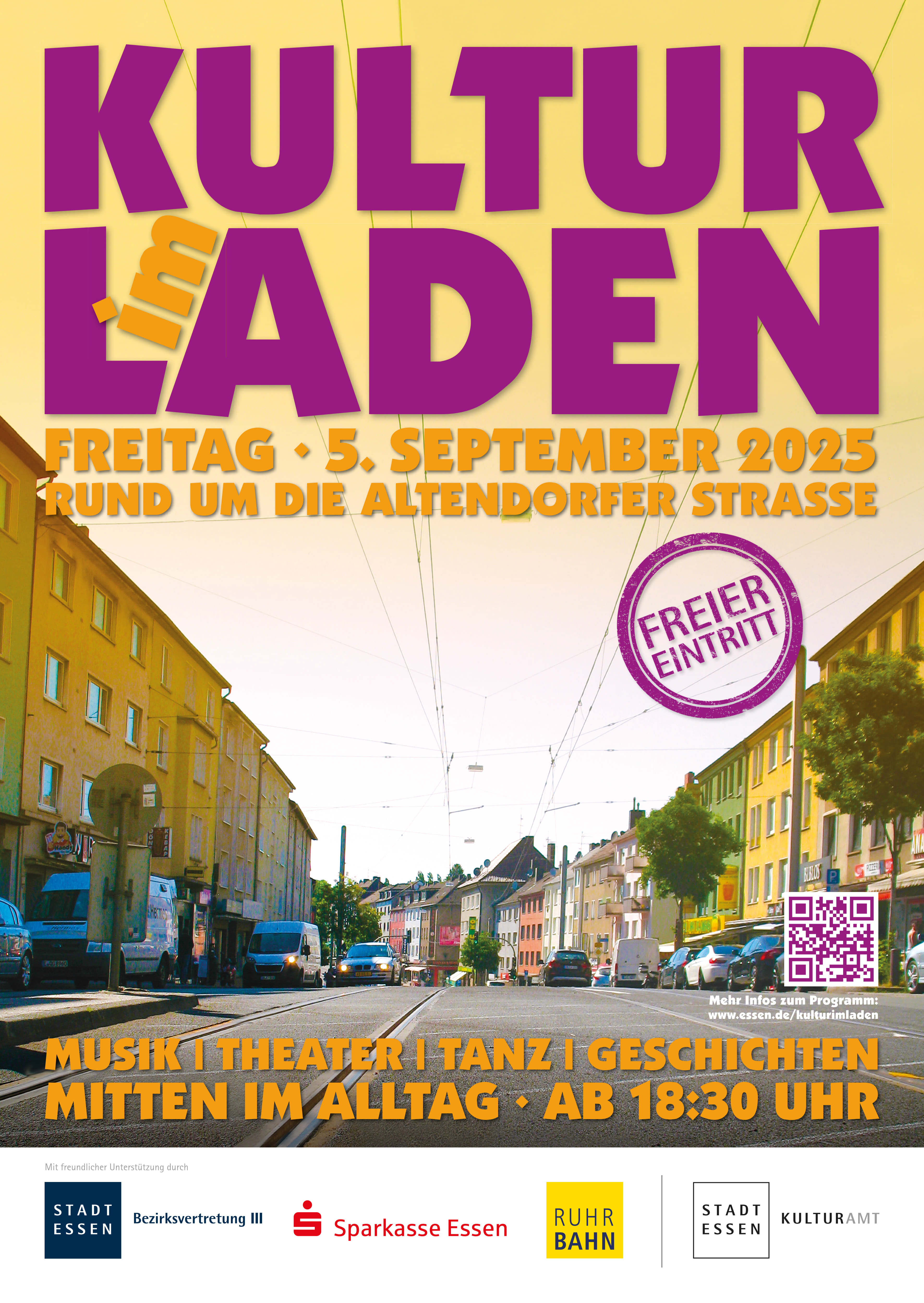 Plakat von Kultur im Laden 2025 - Blick auf die Altendorfer Straße mit Häusern, Autos und Bahnschienen