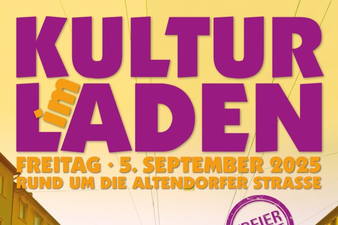 Plakat von Kultur im Laden 2025 - Blick auf die Altendorfer Straße mit Häusern, Autos und Bahnschienen