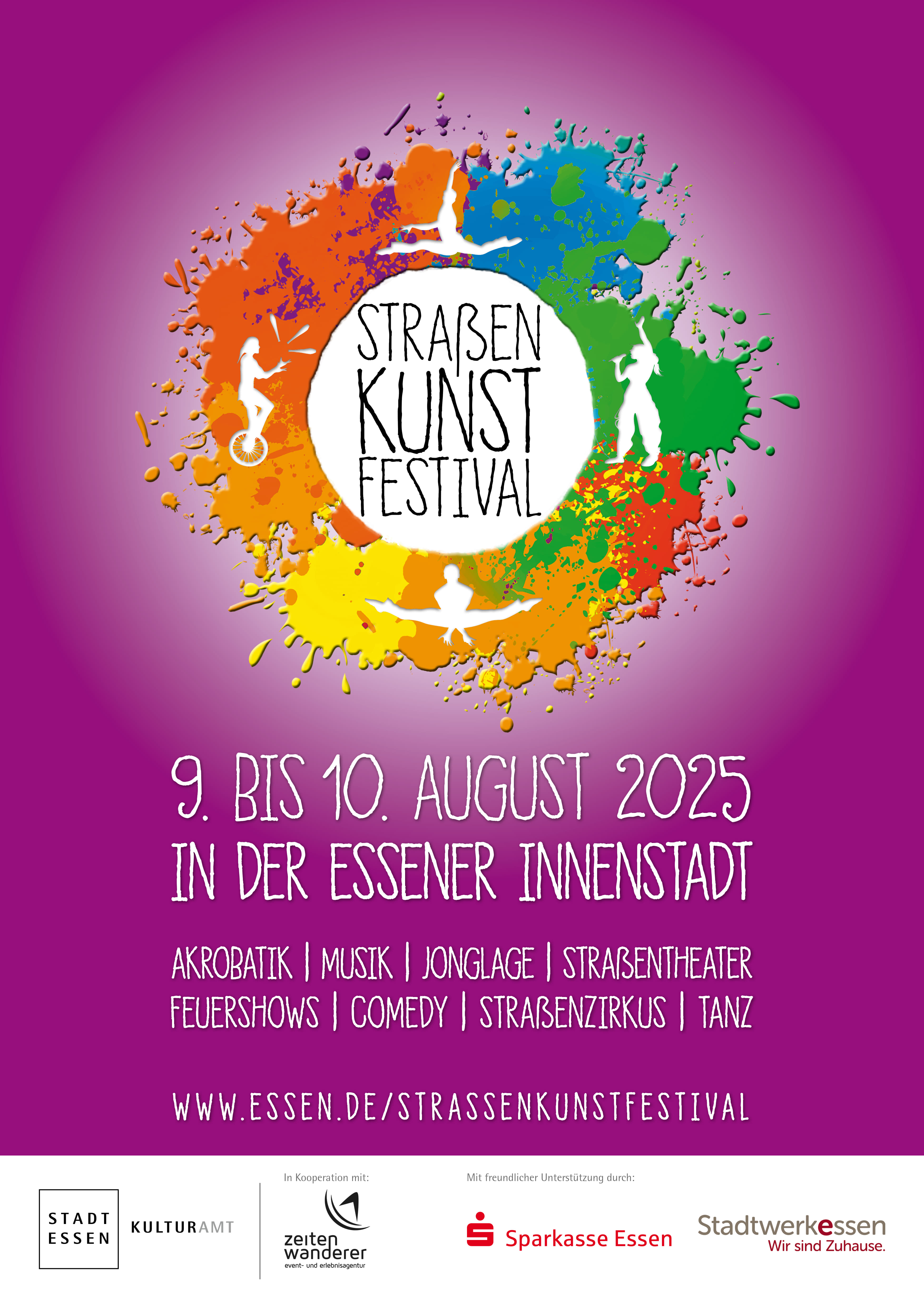 Plakat mit dem Logo des Straßenkunstfestivals auf lila Hintergrund