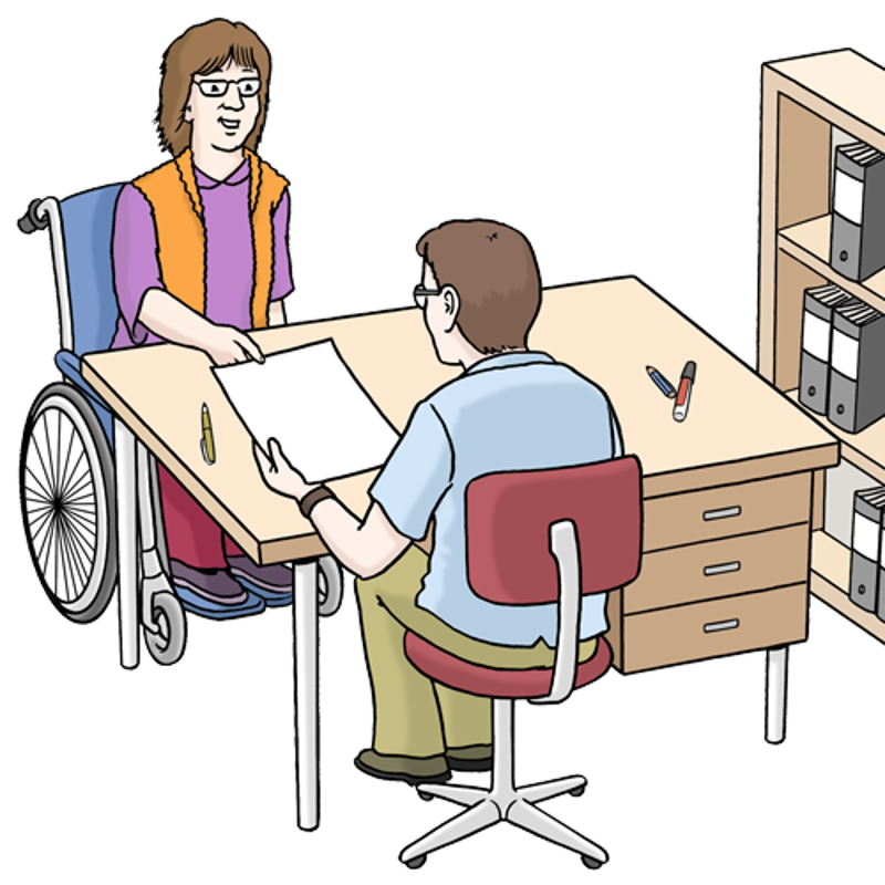 Zeichnung: Sie sehen ein Büro. An einem Tisch sitzen eine Frau im Rollstuhl und ein Mann. Beide besprechen etwas.