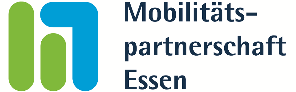 Logo Mobilitätspartnerschaft, links Symbol aus grünen und blauen Elementen; rechts Aufschrift: Mobilitätspartnerschaft Essen