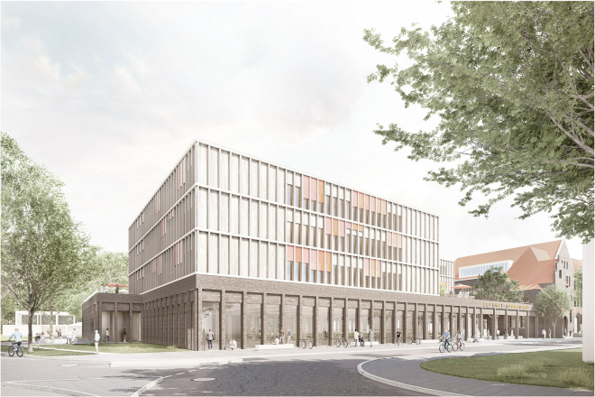Visualisierung: 1. Preis Wettbewerb Erweiterung Leibniz-Gymnasium. Die Entwurfsansicht zeigt den Blick von der Ecke Waisenstraße/Stankeitstraße auf den viergeschossigen Erweiterungsneubau und den rechts anschließenden Bestandsbau. Die zwei Doppel-Sporthallen befinden sich im Sockelgeschoss, das sich deutlich vom darüber liegenden dreigeschossigen Schulgebäude hervorhebt.