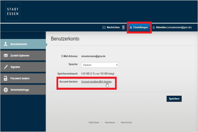 Screenshot des Einstellungsmenüs und Markierung der Schaltfläche Account unwiderruflich löschen.