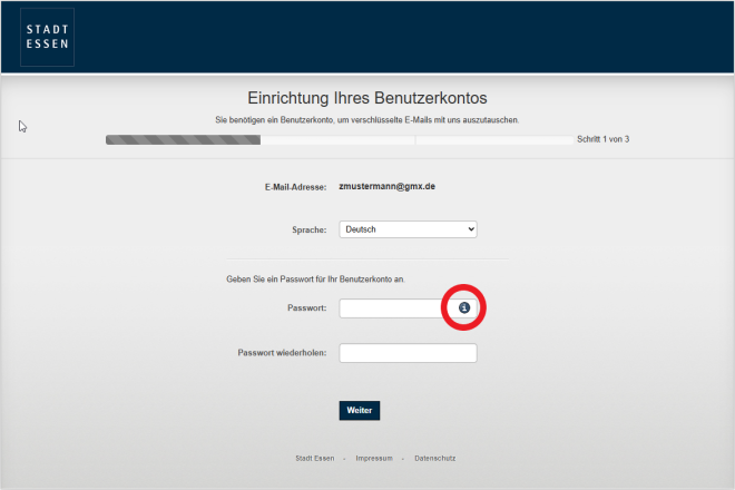 Screenshot der Registrierungsmaske und Markierung der Passworthinweise.