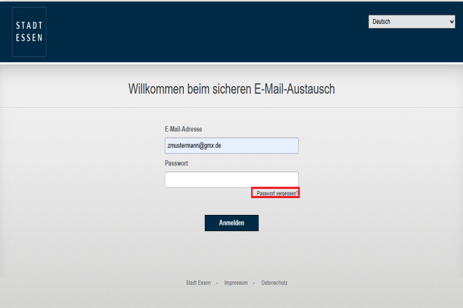 Screenshot der Anmeldemaske mit Markierung des Buttons Passwort vergessen.