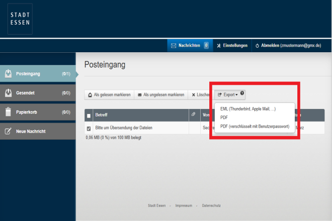 Screenshot des Postkorbs und Markierung des Dropdown-Menüs für den Dokumentenexport.