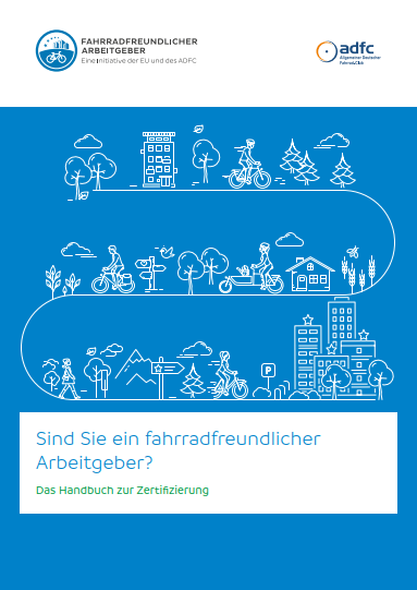 Titelblatt des Handbuchs Fahrradfreundlicher Arbeitgeber mit gezeichneten Fahrradszenen