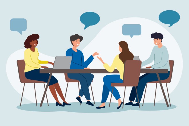 Illustration:Illustration: Team von Kollegen diskutiert Ideen am Tisch. 