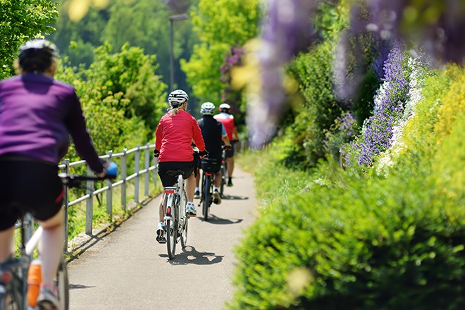 Foto: Fahrradfahrergruppe, die an einem Sommertag im sonnigen Park radeln.